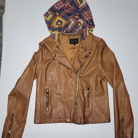 Blu Pepper Womens Brown Faux Leather Biker Jacket with Removable Hood Size Large - Picture 2 of 16